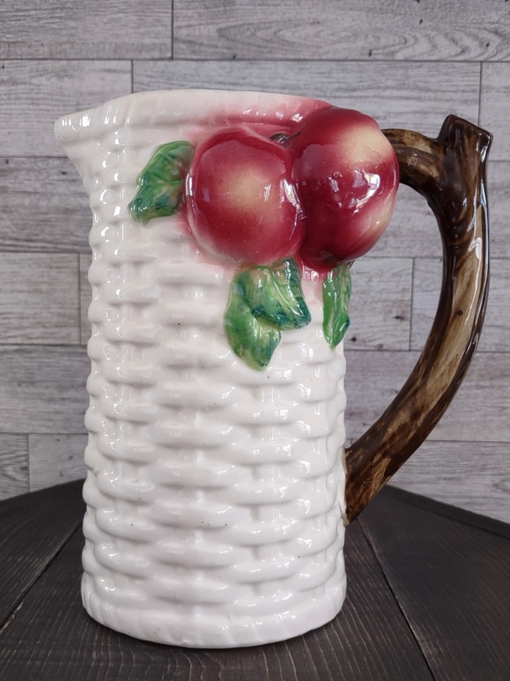 Ceramic White Peach Basket Pitcher with Brown Handle